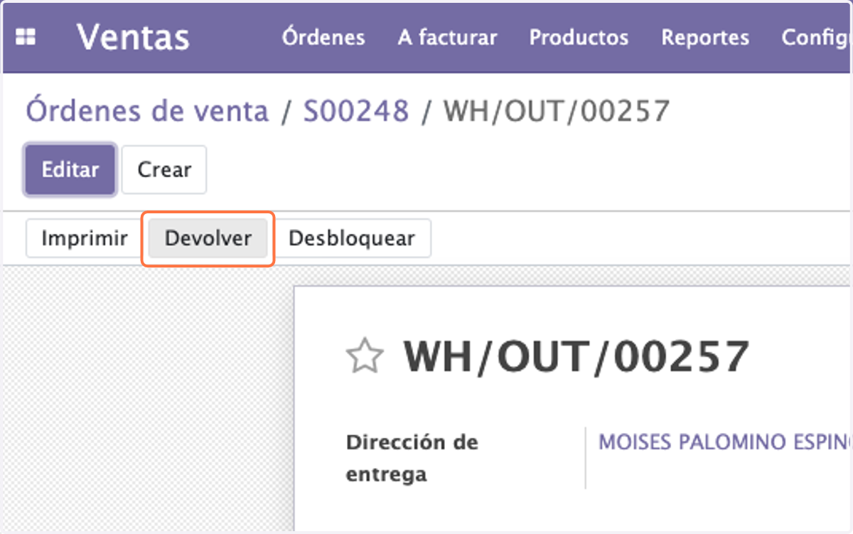 Seleccionamos la entrega y damos click en Devolver