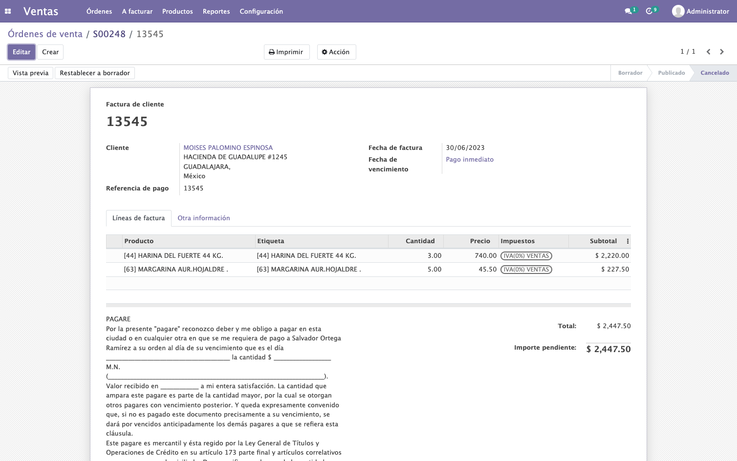 Regresamos a la Orden de Venta dando click en el numero de orden que en este caso es la S00248