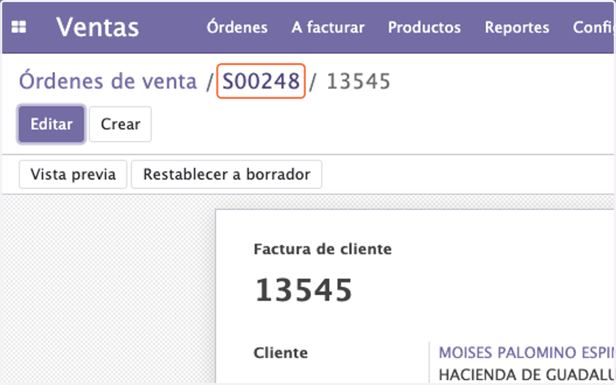 Regresamos a la Orden de Venta dando click en el numero de orden que en este caso es la S00248