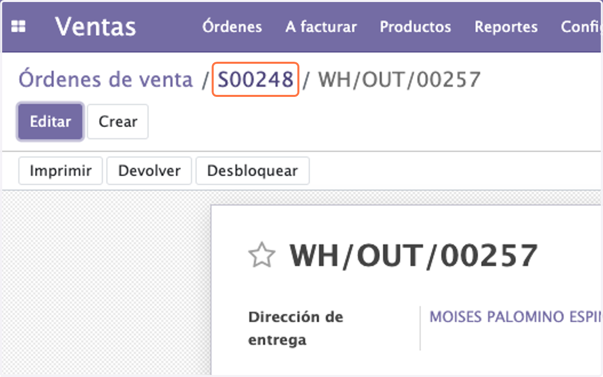 Regresamos a la Orden con la que estamos trabajando dado click en el Numero de Orden
