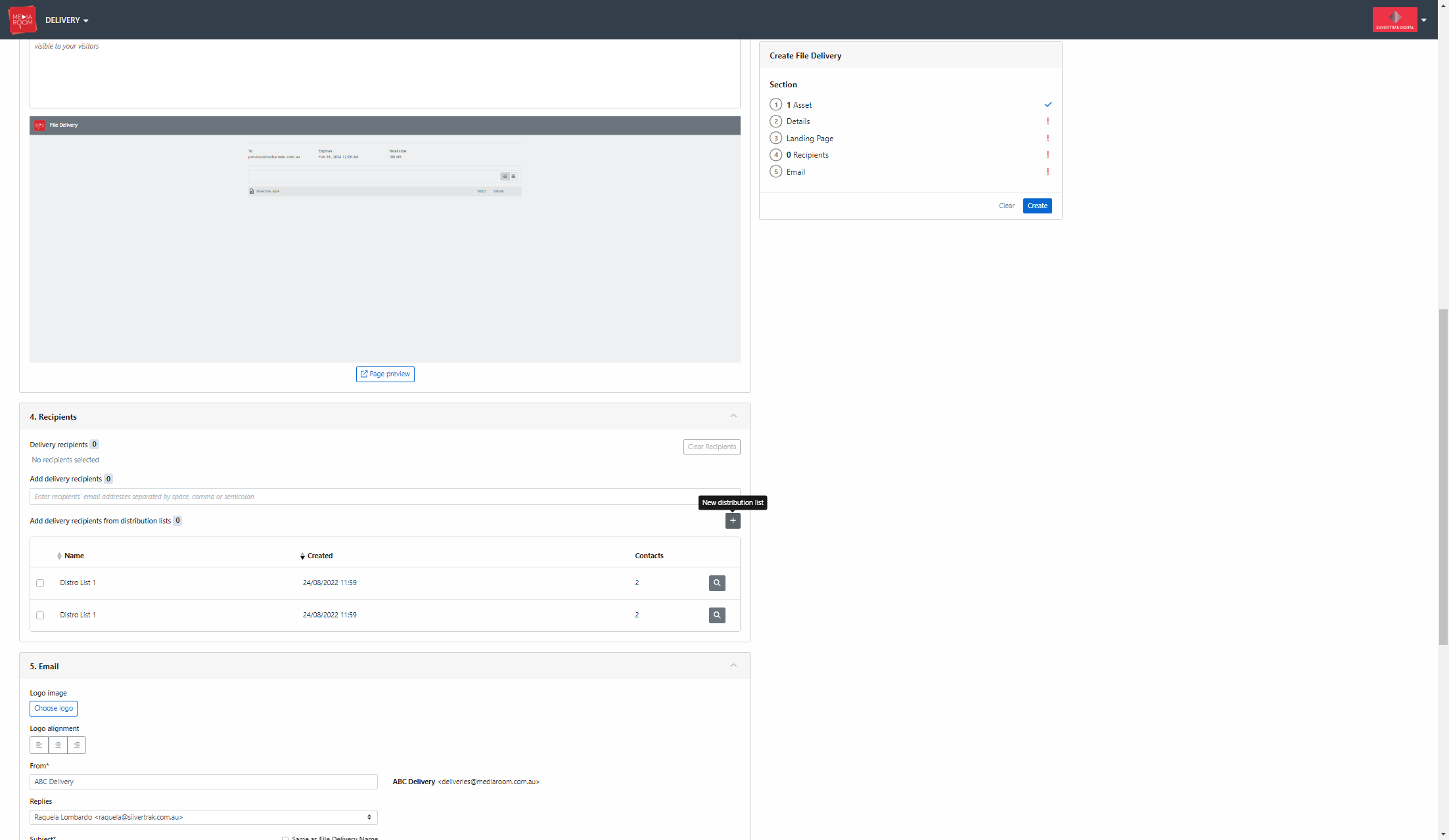 Lists are accessible when filling out a delivery form. Simply click the “+” button next to the “Add delivery recipients from distribution lists” heading. To access the delivery form, see the steps outlined in Deliveries / Deliveries - FAQ / How do I 