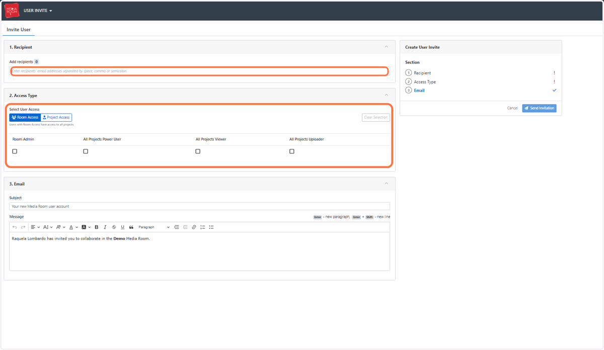 Enter recipient's email address and select the level of access that you would like them to receive.