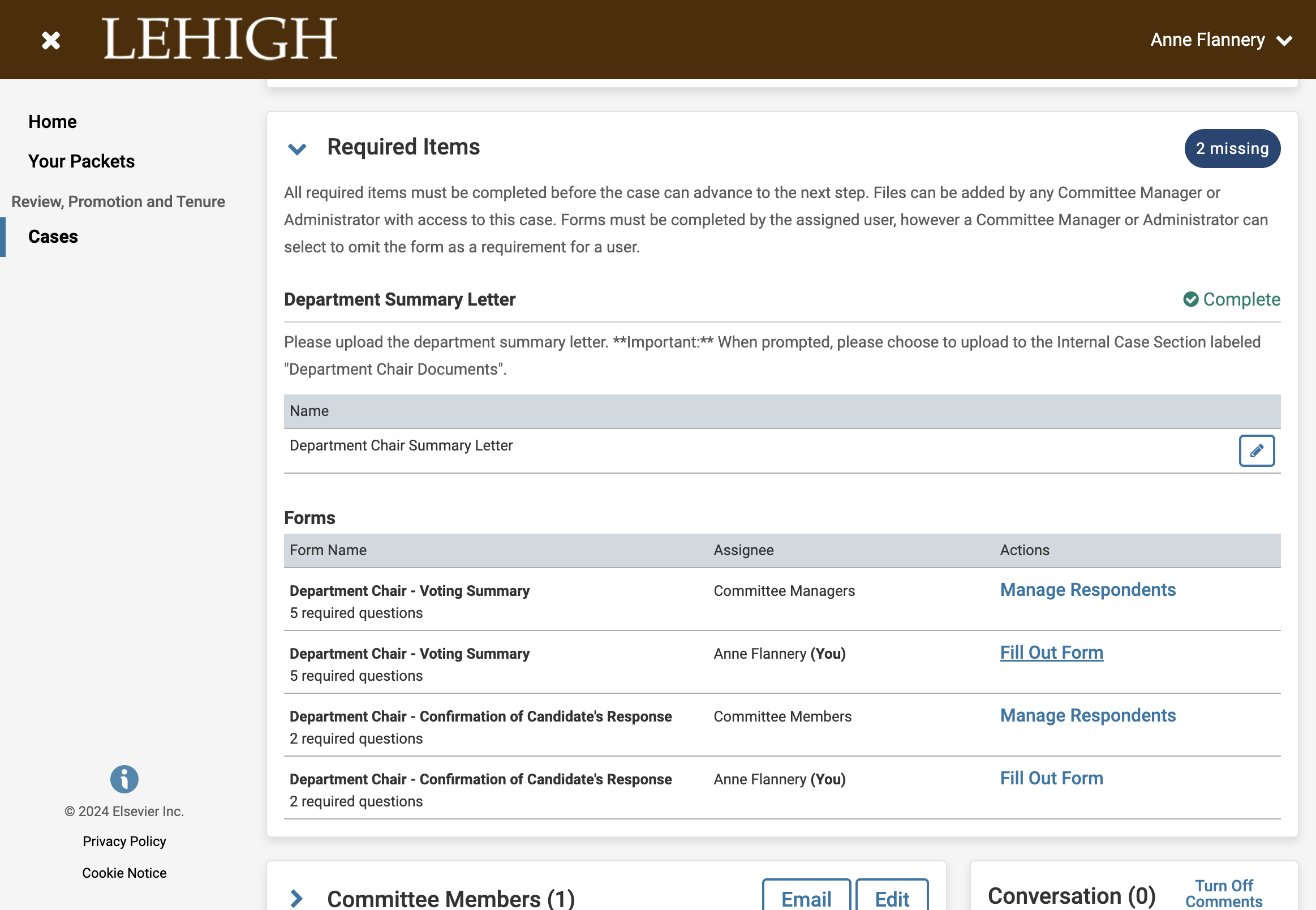 Click on Fill Out Form next to Department Chair - Voting Summary