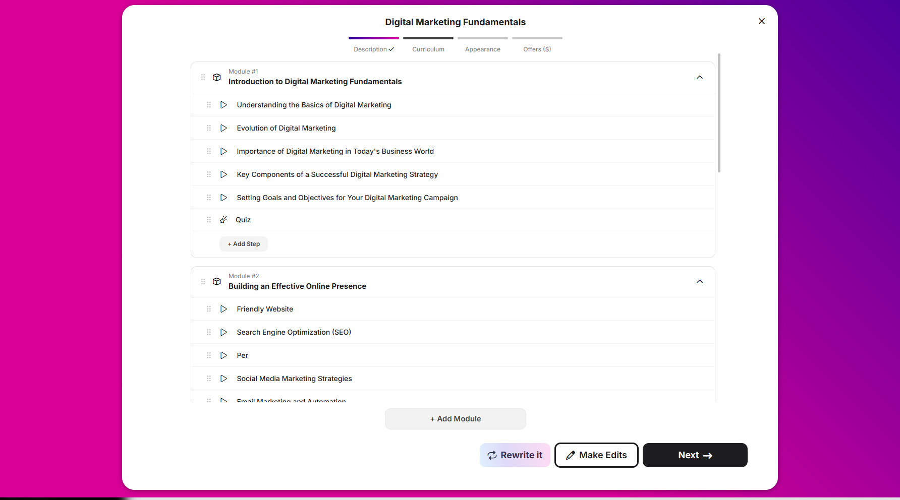 Step 9: It will display the AI-generated curriculum, allowing you to rewrite it or make adjustments.