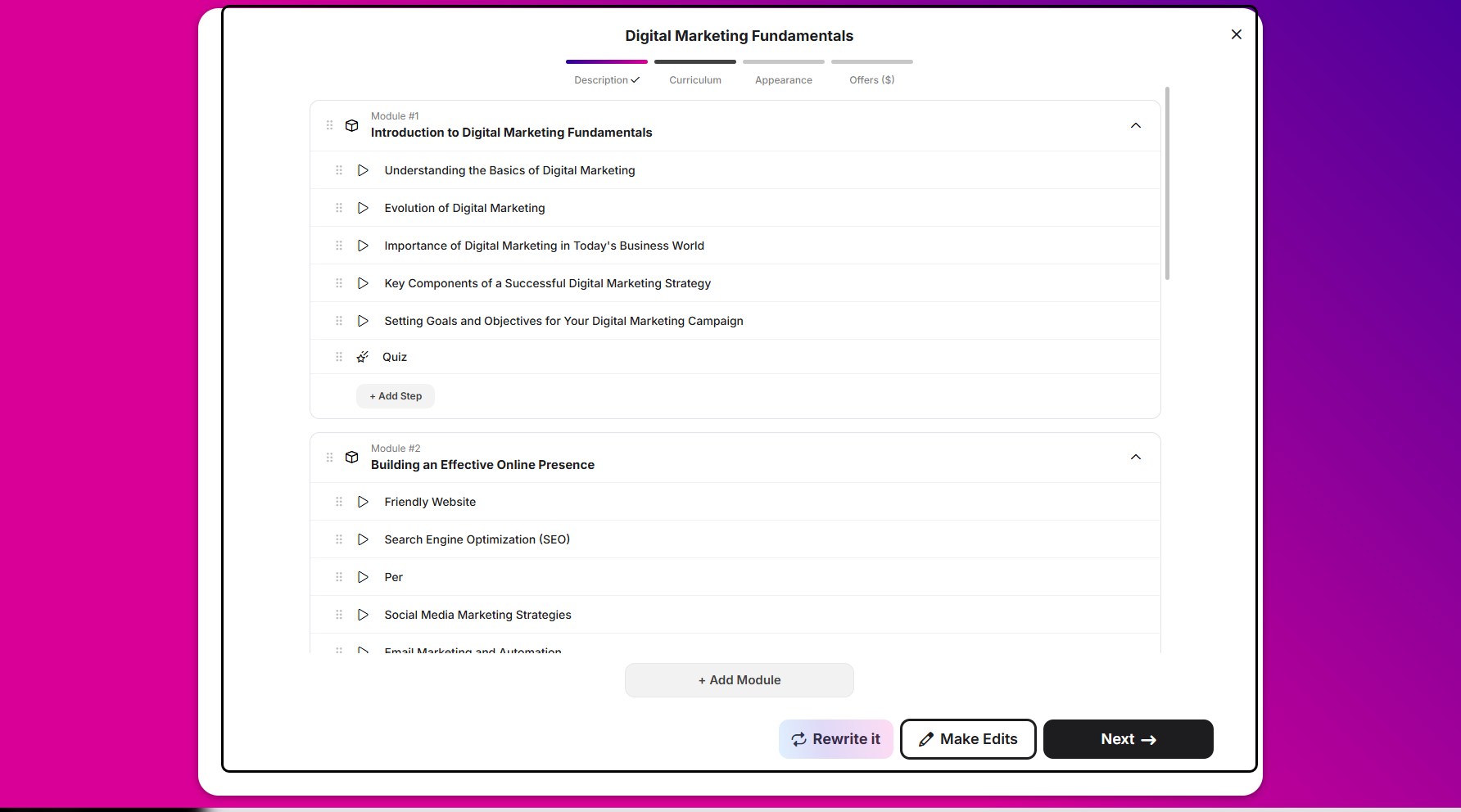 Step 9: It will display the AI-generated curriculum, allowing you to rewrite it or make adjustments.