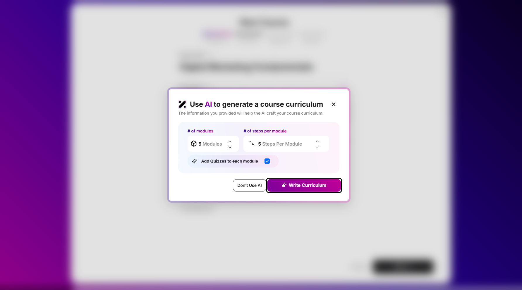 Stepp 8: After setup, click Write Curriculum to continue.
