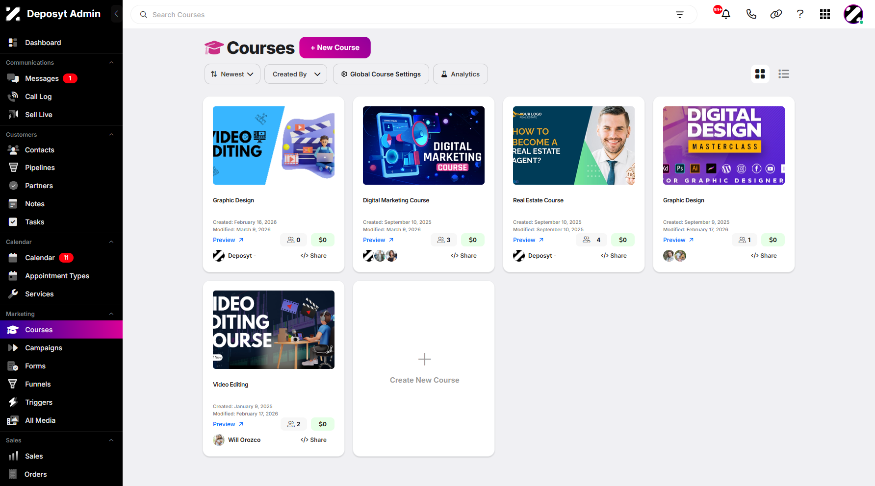 Step 3: Click + New Course to begin.