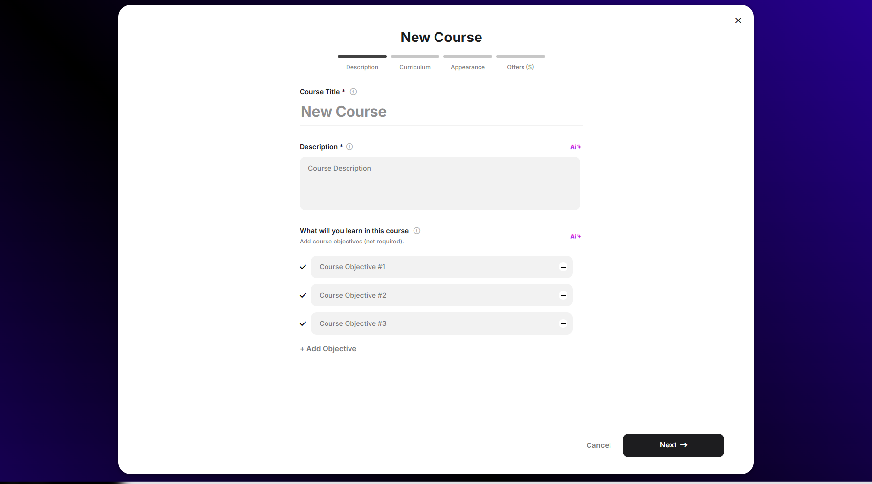 Step 4: You will see a new page where you can add the new course title, description, and objectives.
