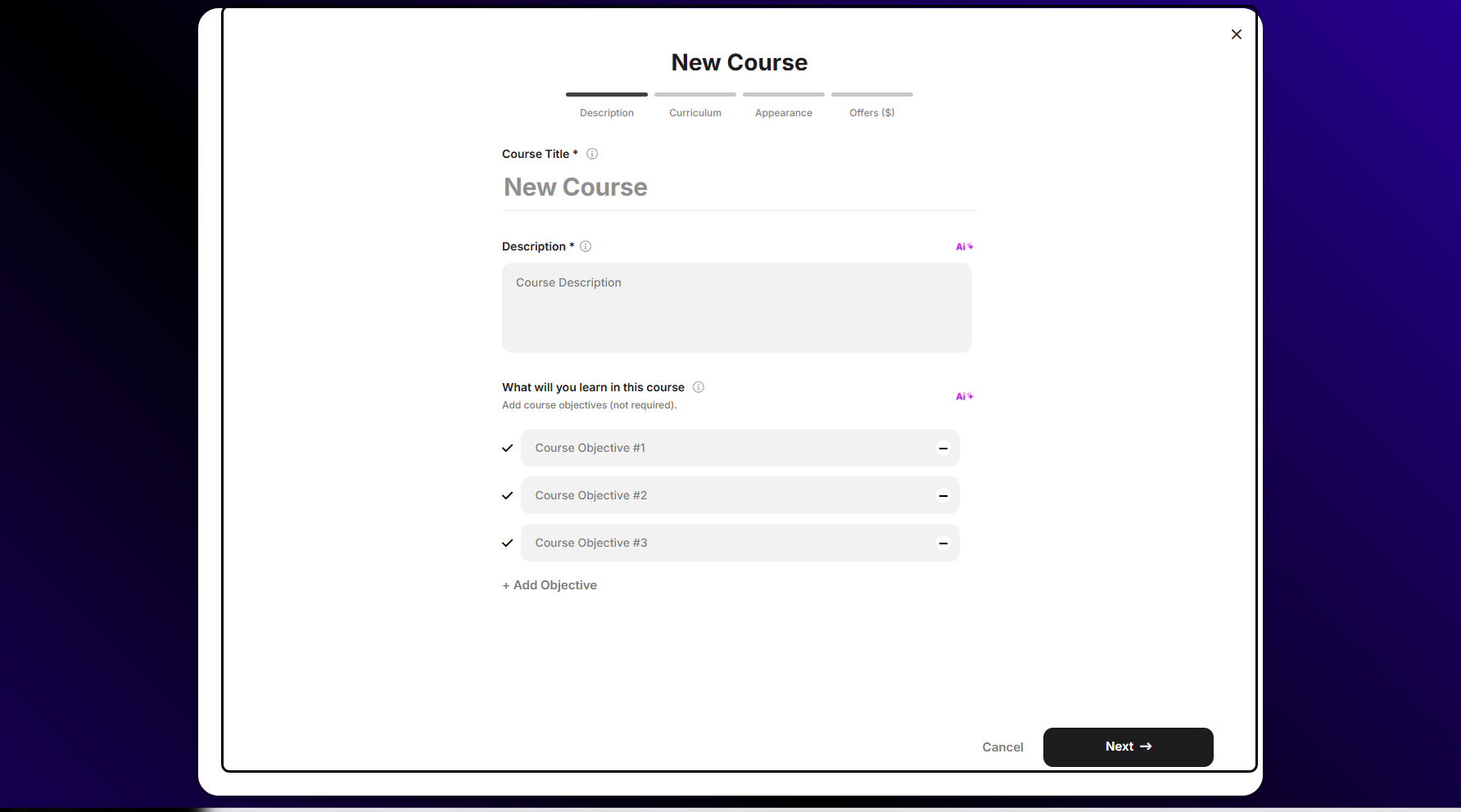 Step 4: You will see a new page where you can add the new course title, description, and objectives.