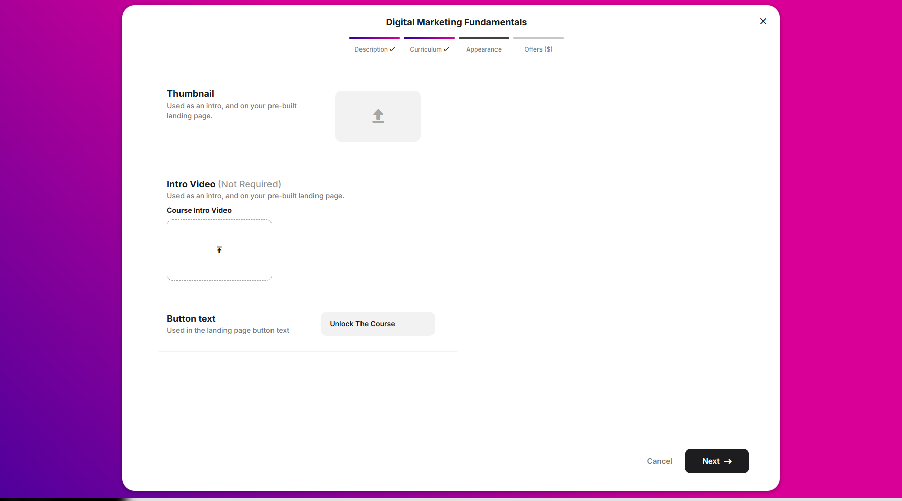 Step 11: Next is the Appearance setup. From here, you can upload a thumbnail and an intro video for your course.