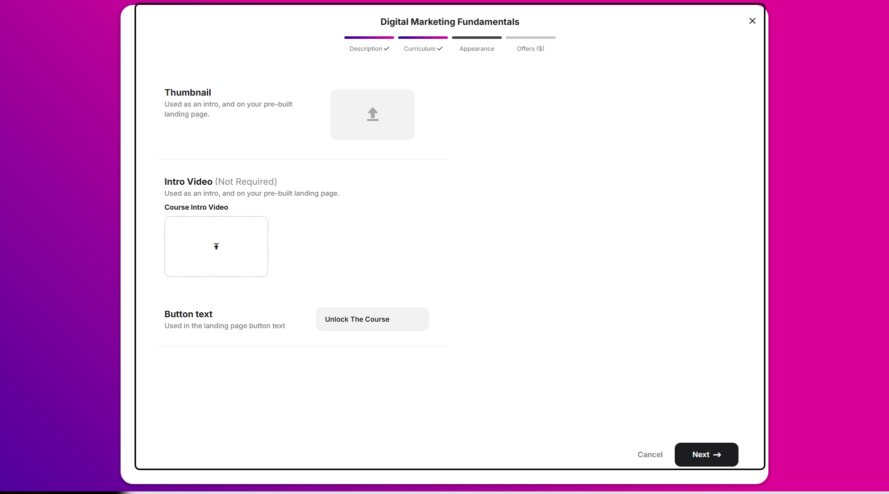 Step 11: Next is the Appearance setup. From here, you can upload a thumbnail and an intro video for your course.