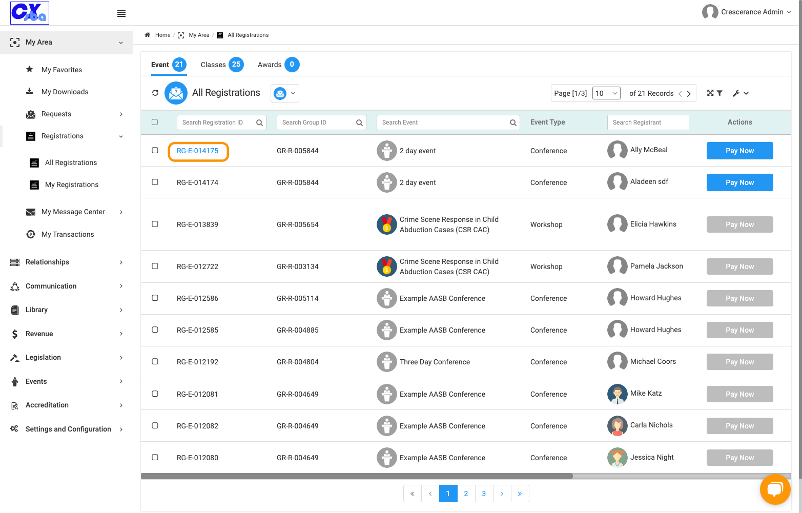 You can search by the registration id, group id, event name or registrant's name