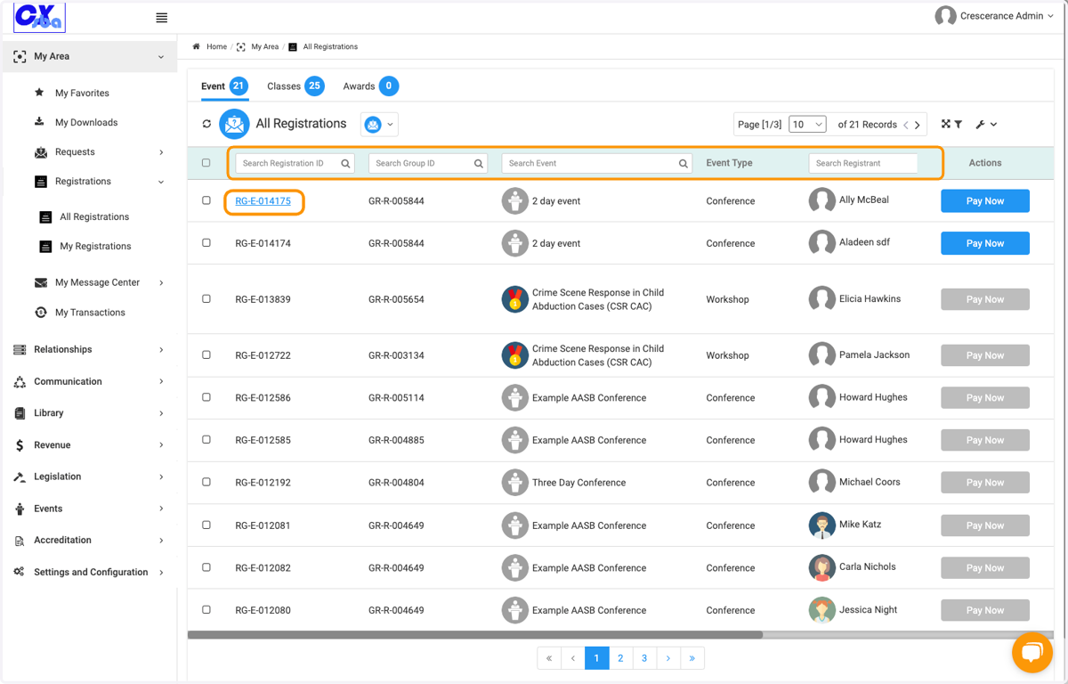 You can search by the registration id, group id, event name or registrant's name