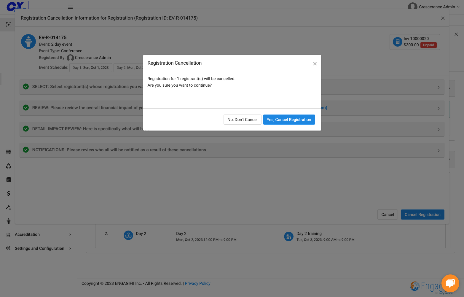 Click on Yes, Cancel Registration