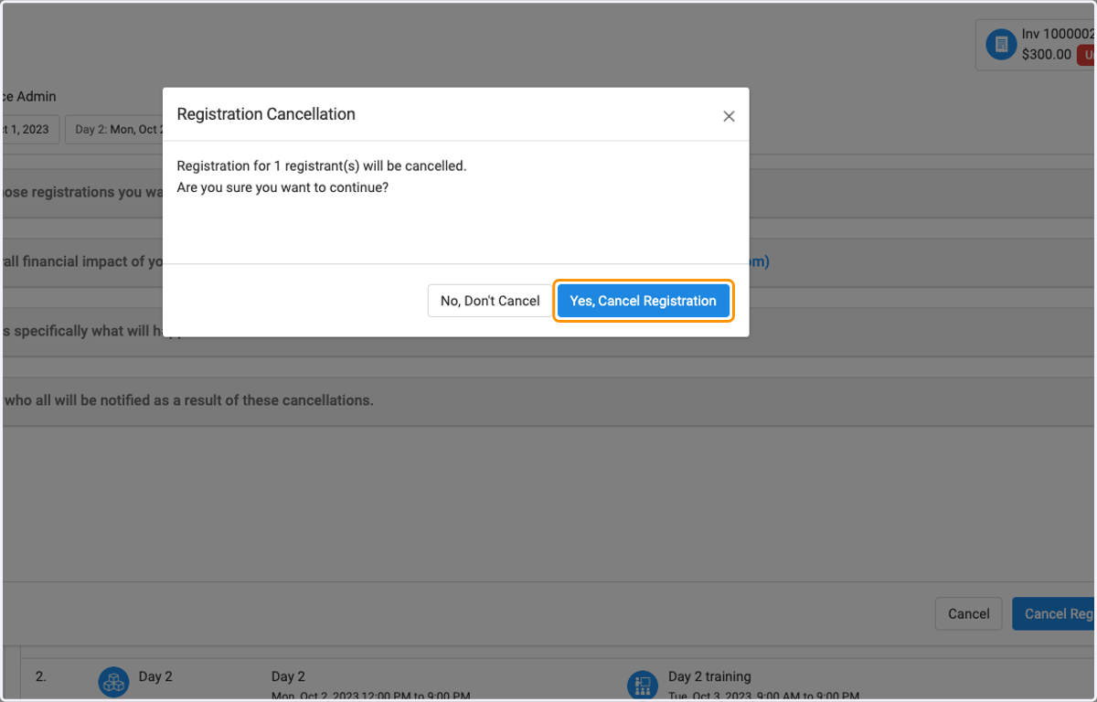 Click on Yes, Cancel Registration