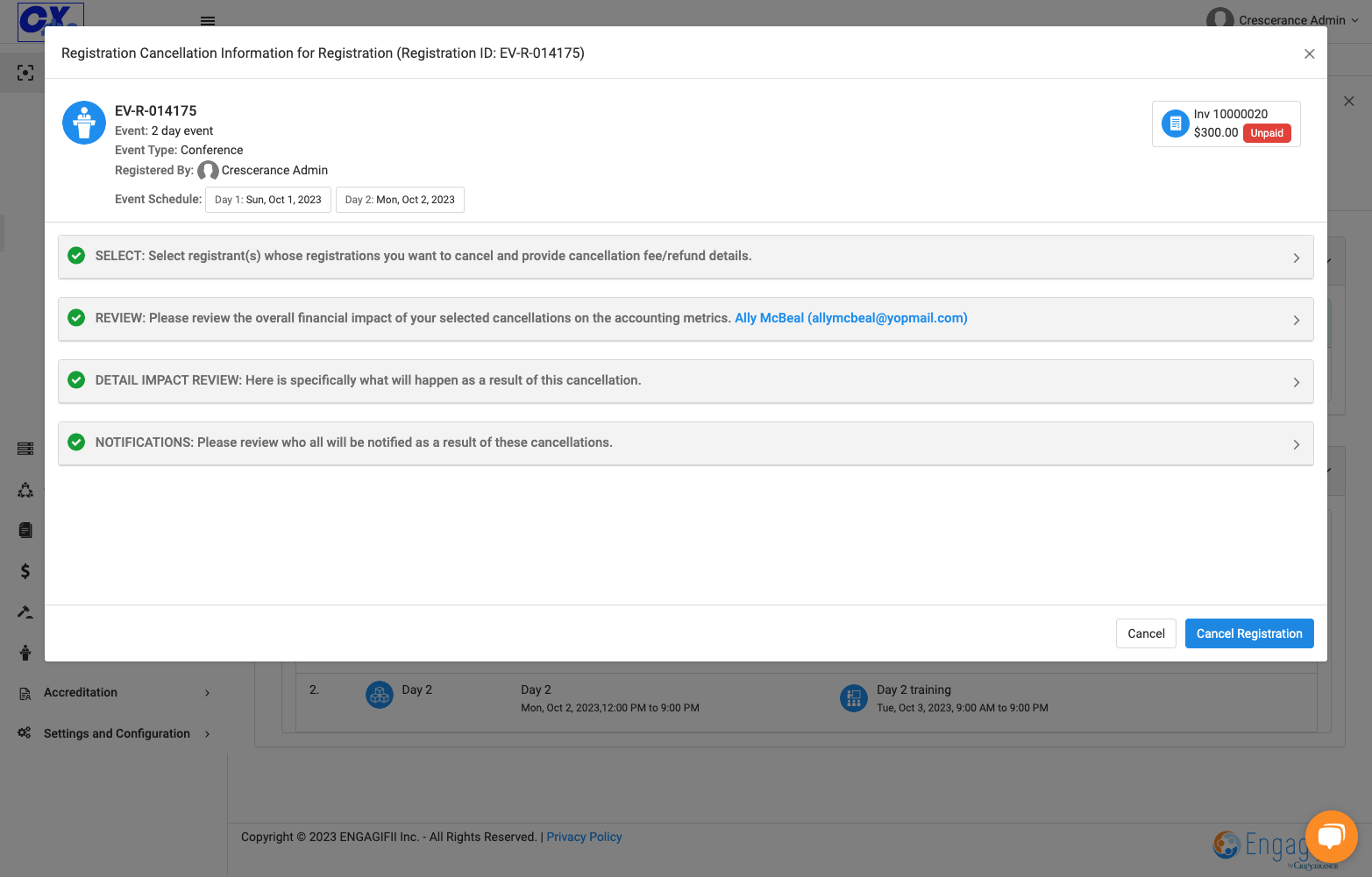 Click on Cancel Registration