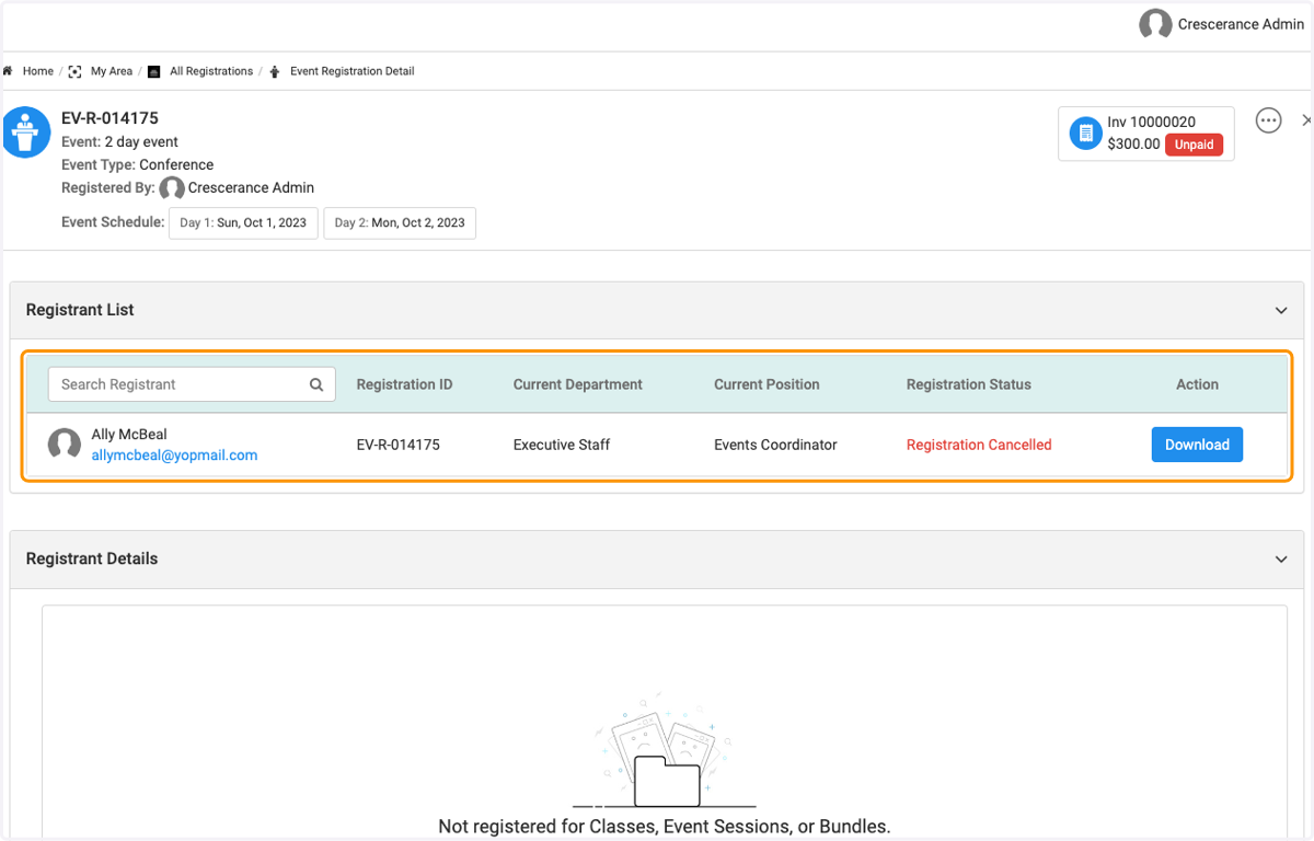 Registration status is now cancelled and registrant is removed from the event list.