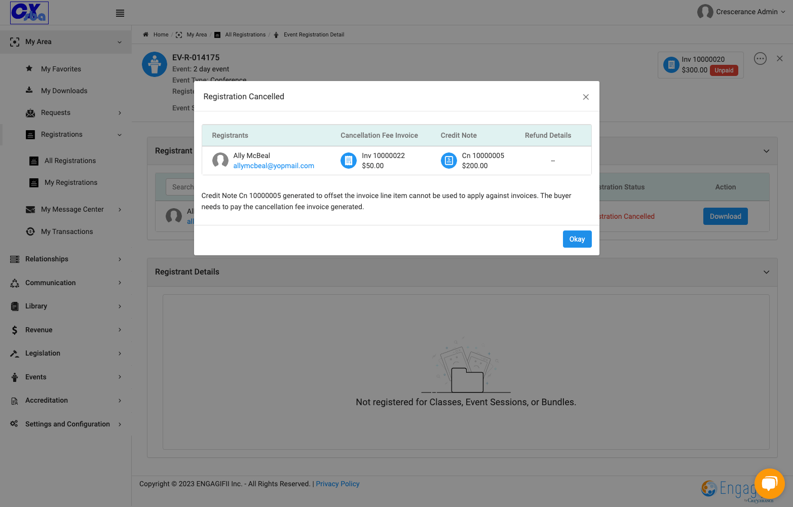 Confirmation window pops up with cancellation details