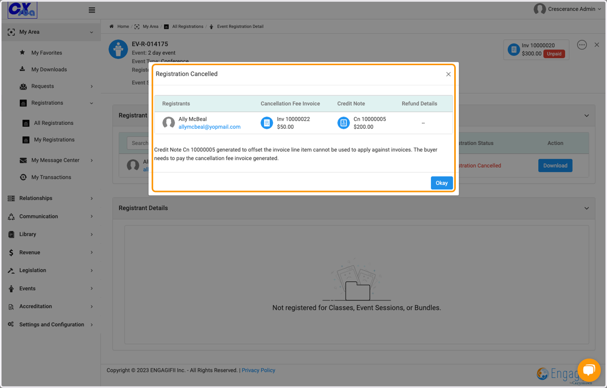 Confirmation window pops up with cancellation details