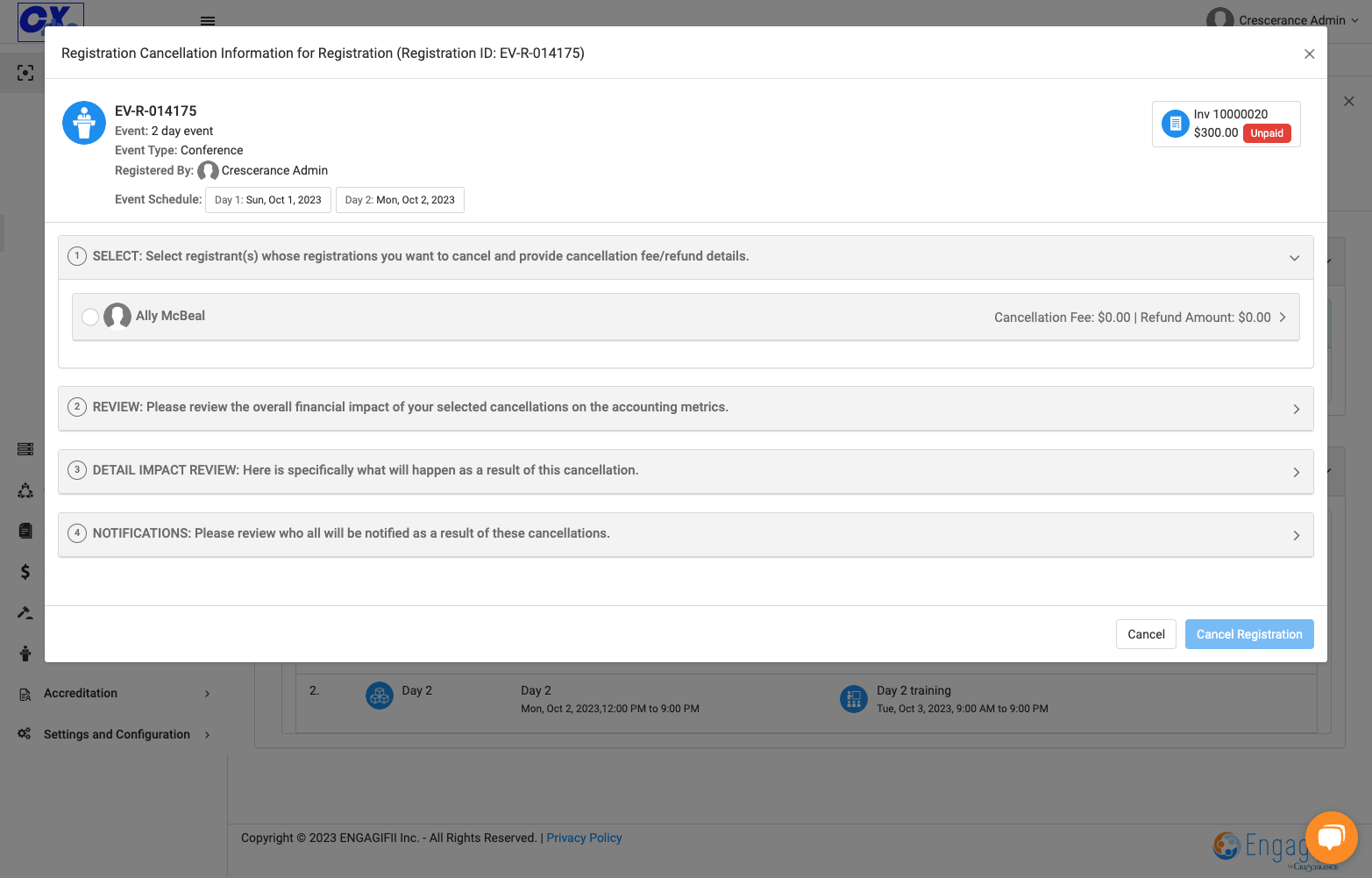 A cancellation window pops up with the registration details