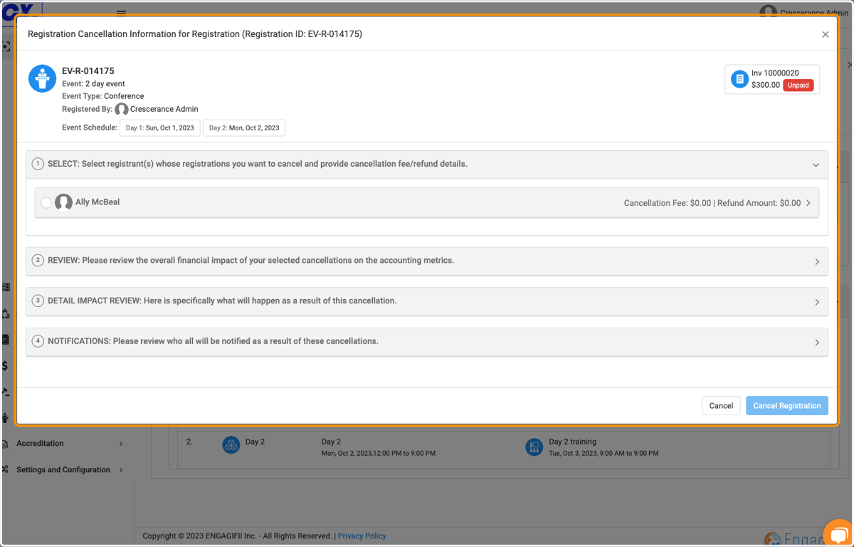 A cancellation window pops up with the registration details