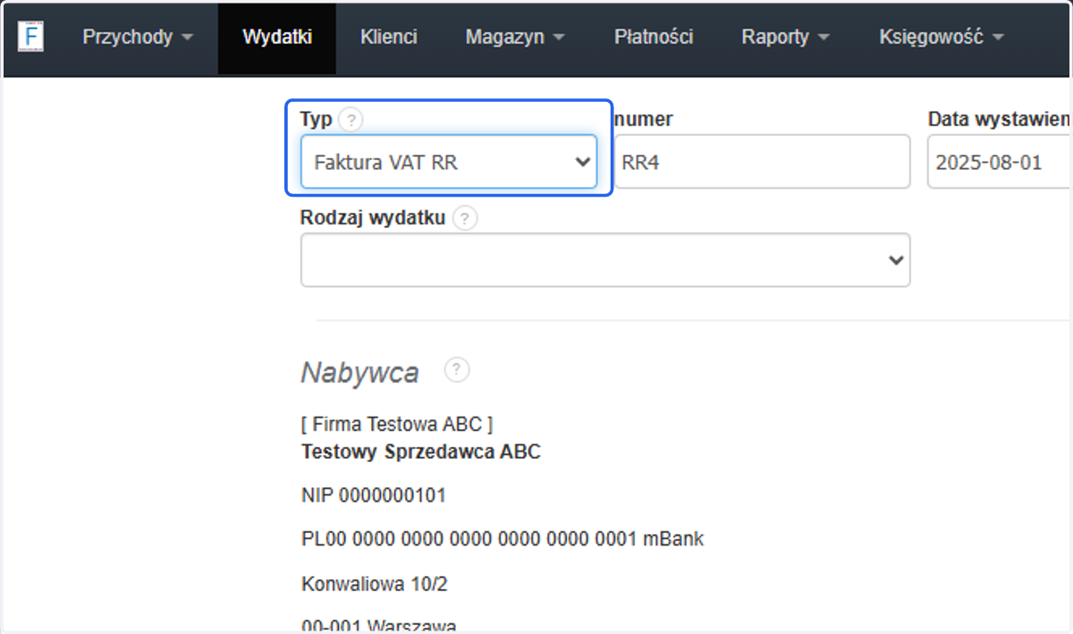W polu Typ wybierz Faktura VAT RR.