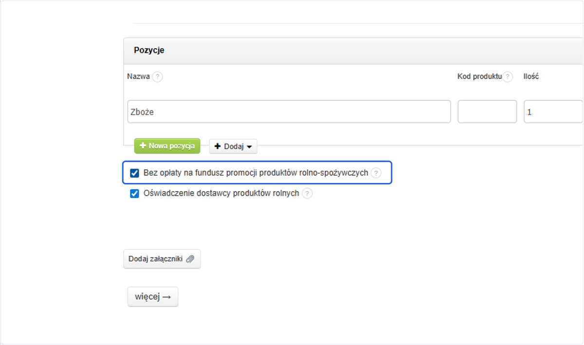 Zaznacz checkbox 'Bez opłaty na fundusz promocji produktów rolno-spożywczych'.