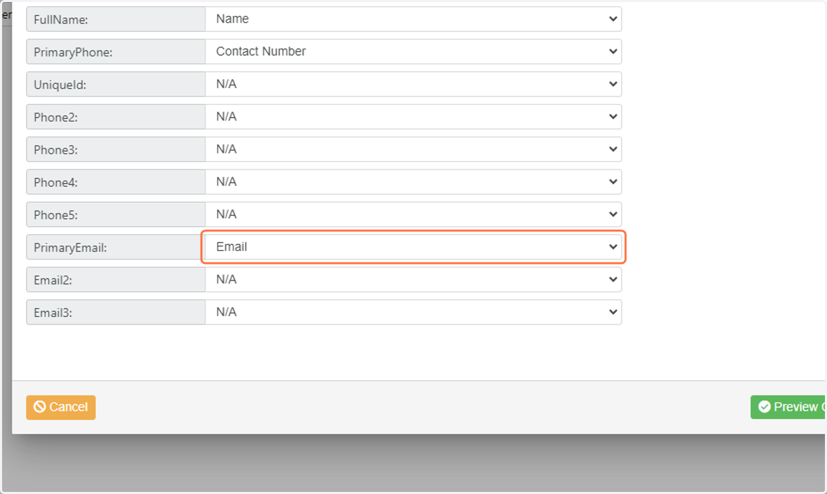 Map the Email field from your CSV file to the PrimaryEmail field in Laminin