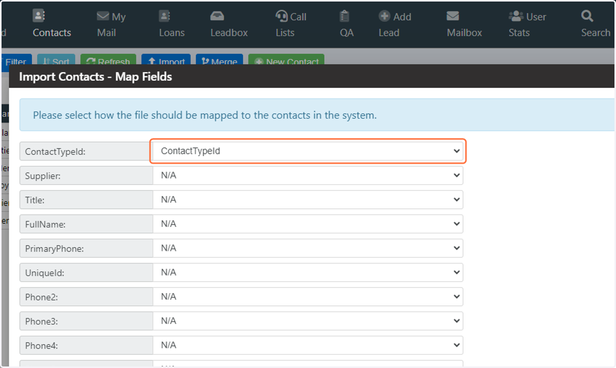 Map the ContactTypeId field from your CSV file to the ContactTypeId field in Laminin