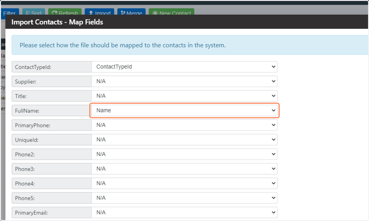Map the Name field from your CSV file to the FullName field in Laminin