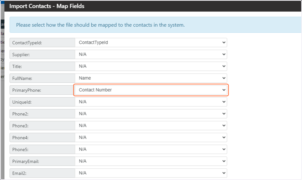 Map the Contact Number field from your CSV file to the PrimaryPhone field in Laminin