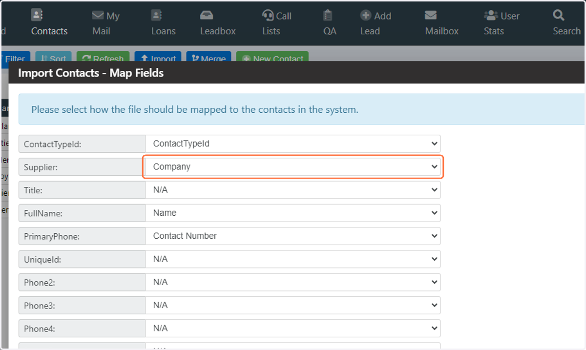 Map the Company field from your CSV file to the Supplier field in Laminin