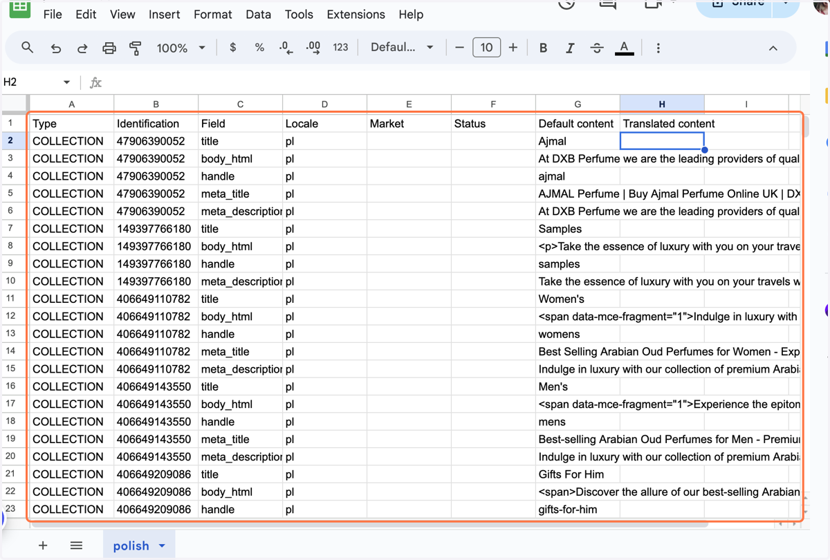 Select the first cell in the column for 'Translated Content'