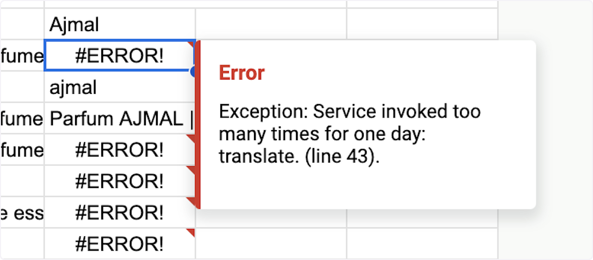 Note: If you see an error message like the below, you have reached the API limit for the day. You will need to translate your content in batches so come back tomorrow to complete the process.