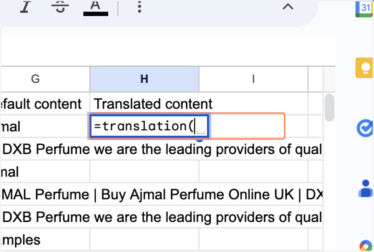 Type the formula '=translation