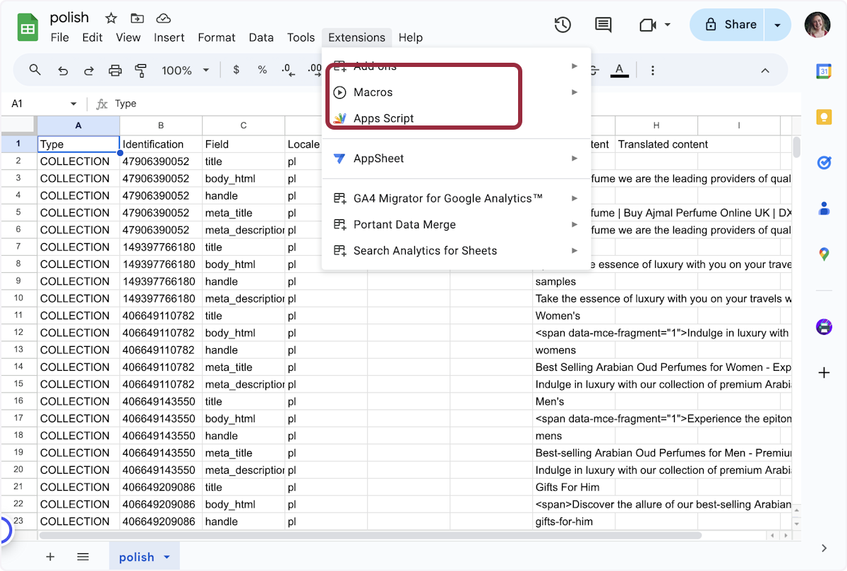 Instead Google Sheets click on Extensions from the menu