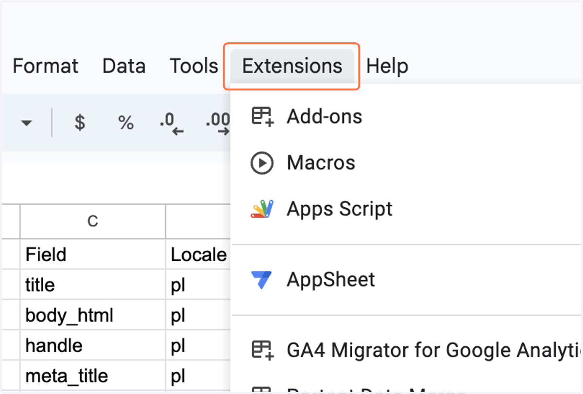 Instead Google Sheets click on Extensions from the menu