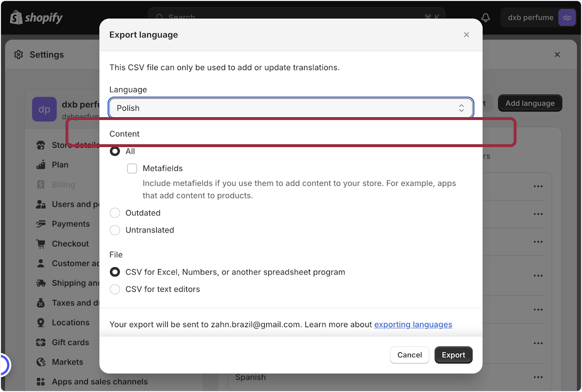 Select the Language you want to export and translate