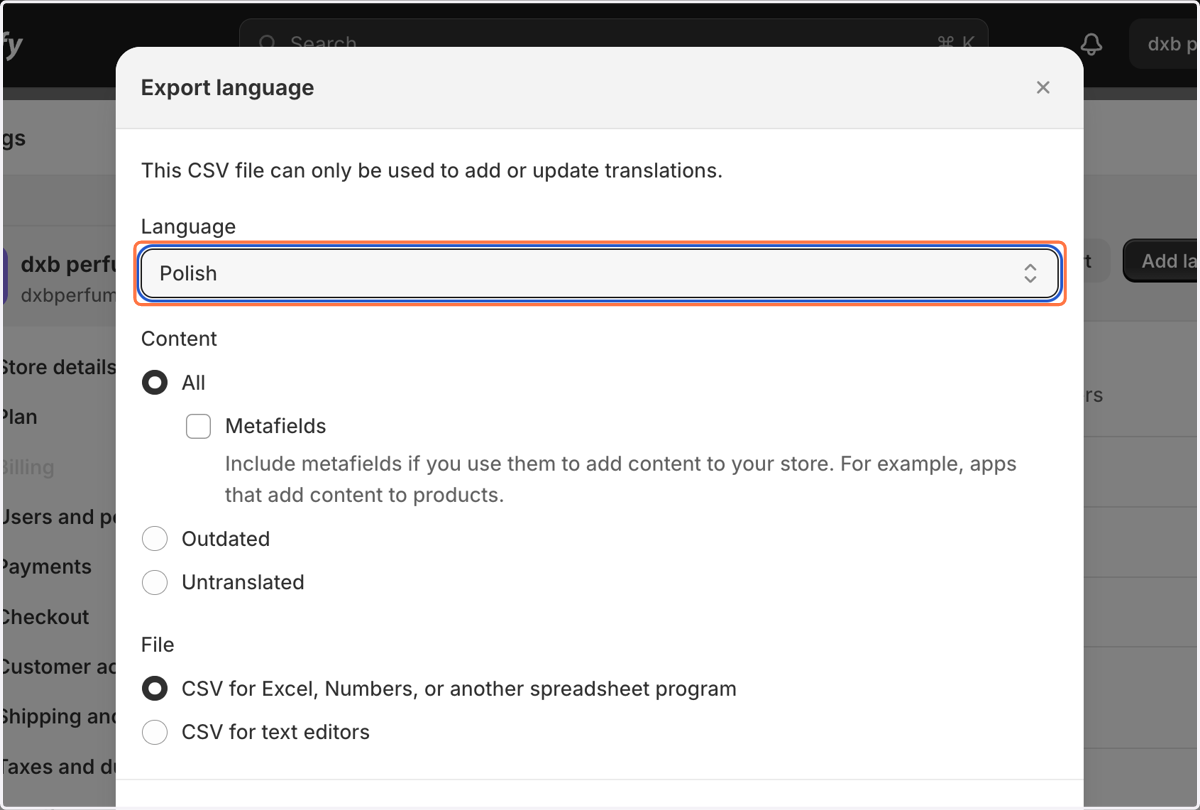 Select the Language you want to export and translate