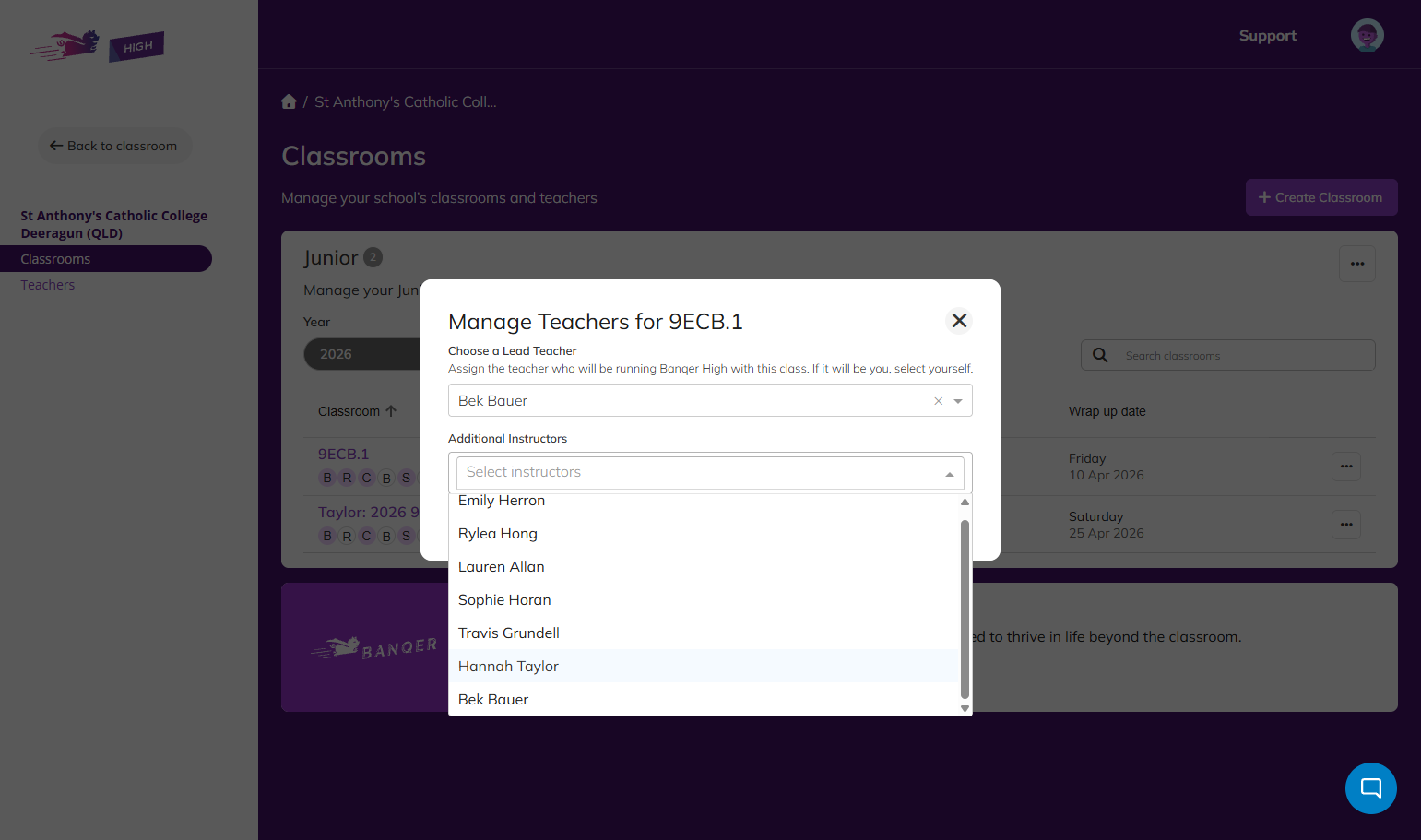 You can change the Lead teacher and add additional teachers to the class.