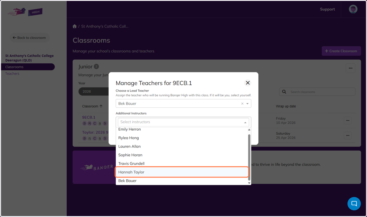 You can change the Lead teacher and add additional teachers to the class.