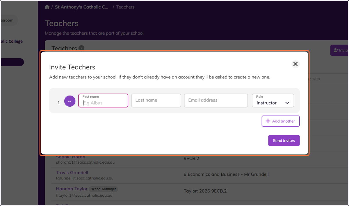 Complete the information the teachers you want to invite.