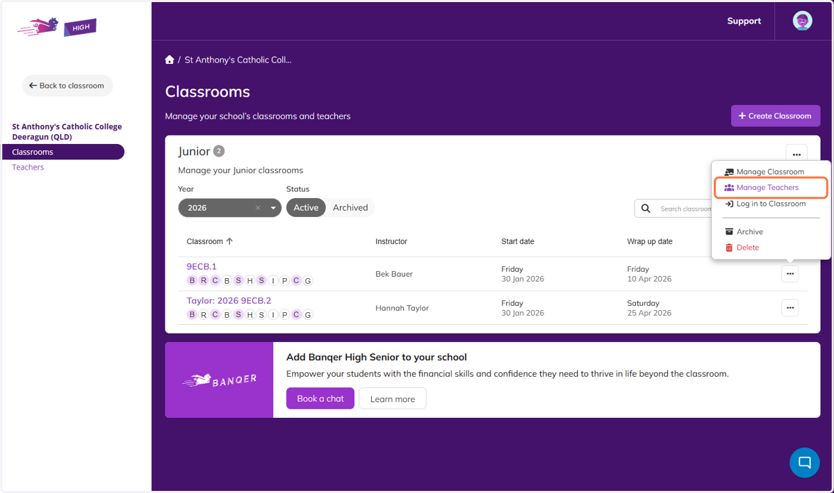 Select the three dots on the class you want to manage, then click Manage Teachers.