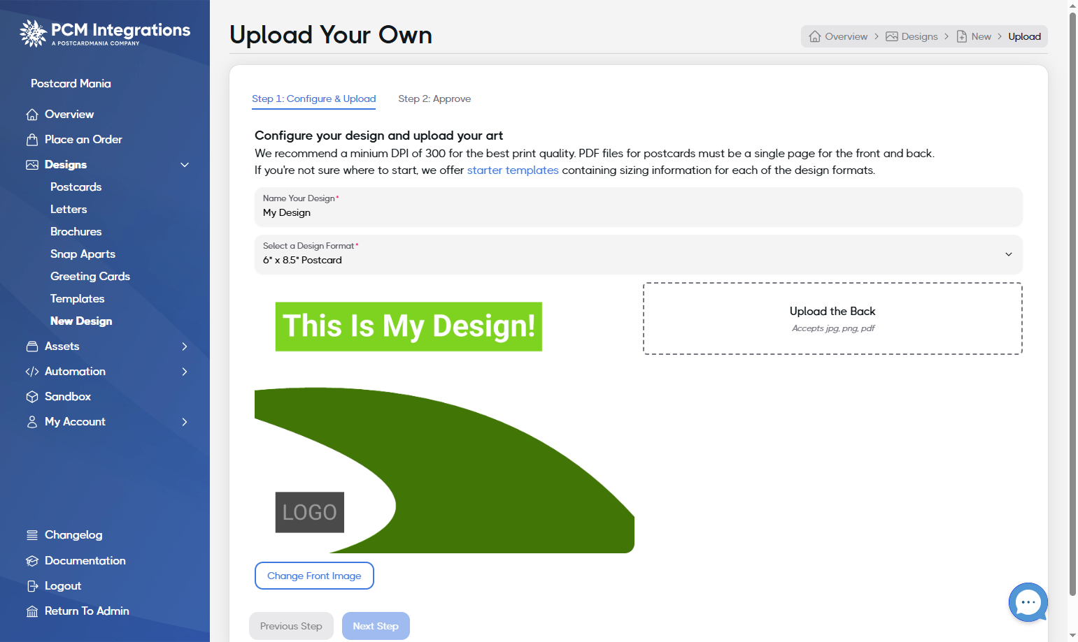 Click on Upload the Back and select the back of your Design