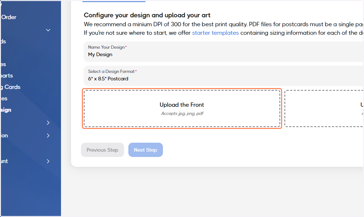 Click on Upload the Front and select the front of your Design