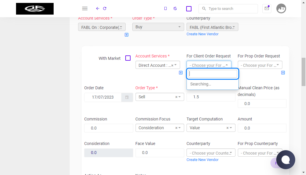 Click on - Choose your For Client Order Request -