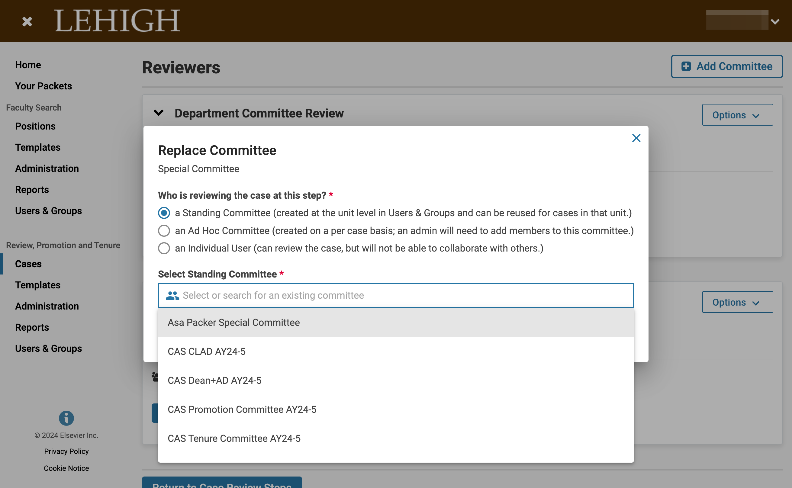 Find the special committee name in the dropdown
