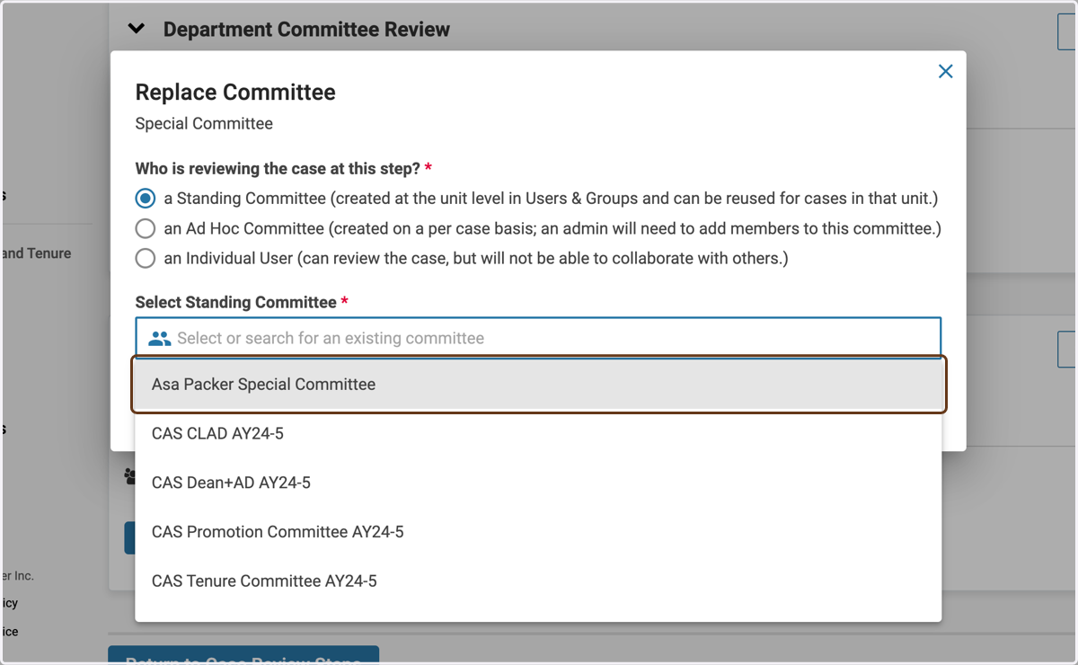 Find the special committee name in the dropdown