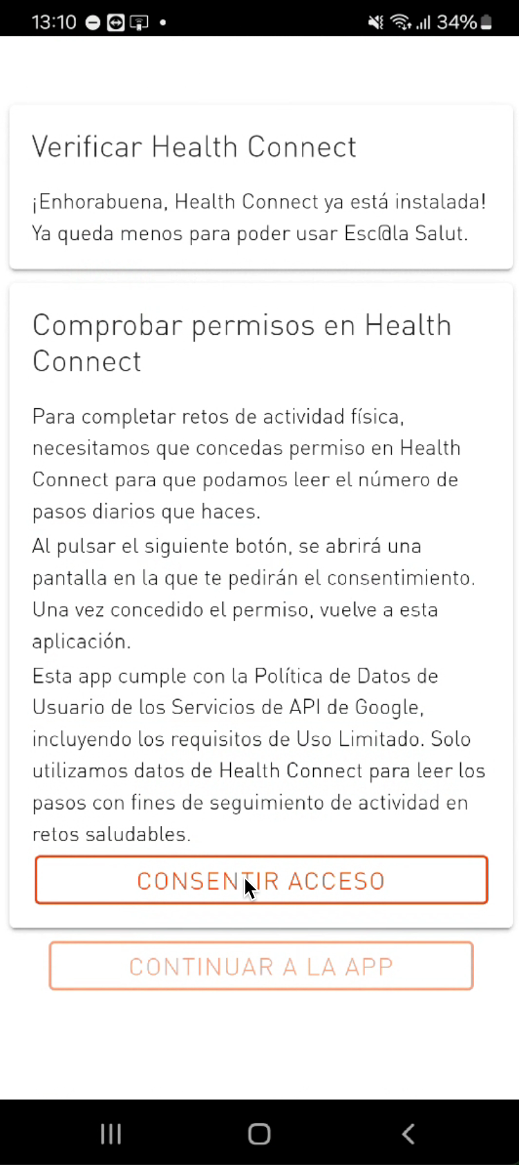 Instalación de Salud Conectada (Health Connect) o Apple Health y permiso de acceso