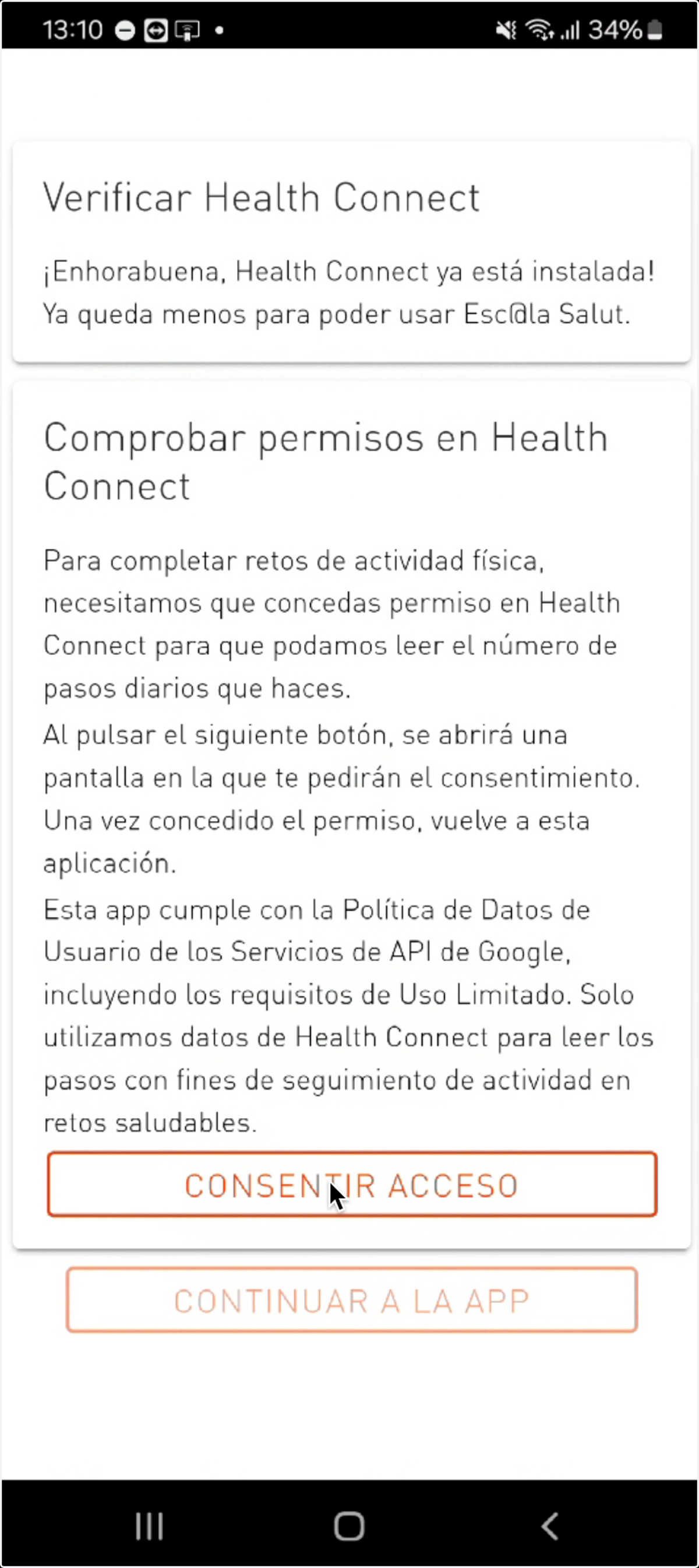 Instalación de Salud Conectada (Health Connect) o Apple Health y permiso de acceso